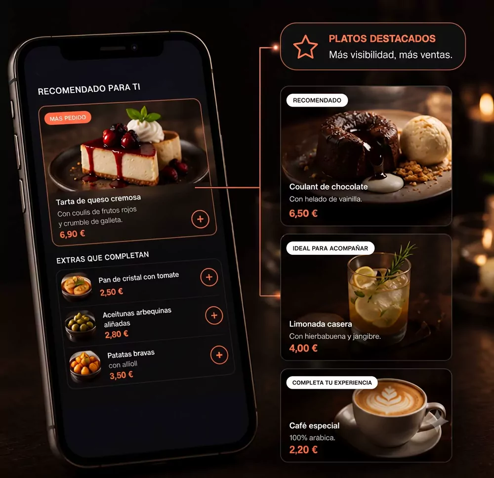 Sección de platos destacados de la carta, con postres y extras sugeridos