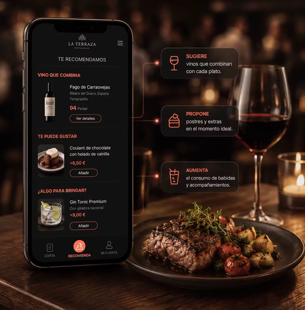La carta sugiere un maridaje de vino junto al plato que está mirando el cliente