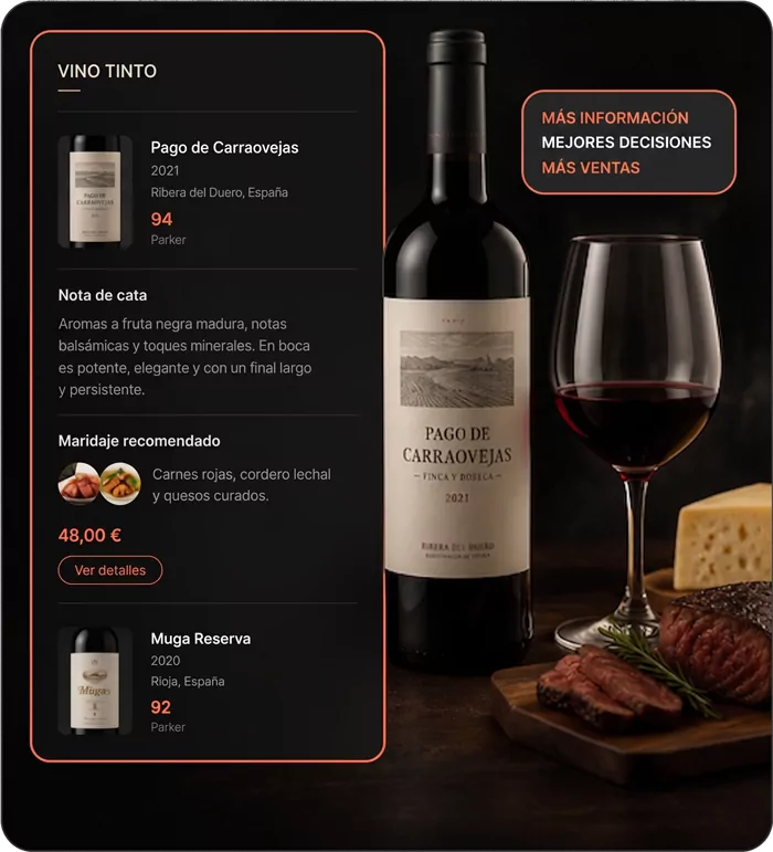 Ficha de un vino en la carta digital, con su etiqueta, nota de cata y maridaje recomendado